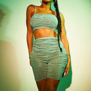 Mint Green Mesh Extreme Ruched Bike Shorts set